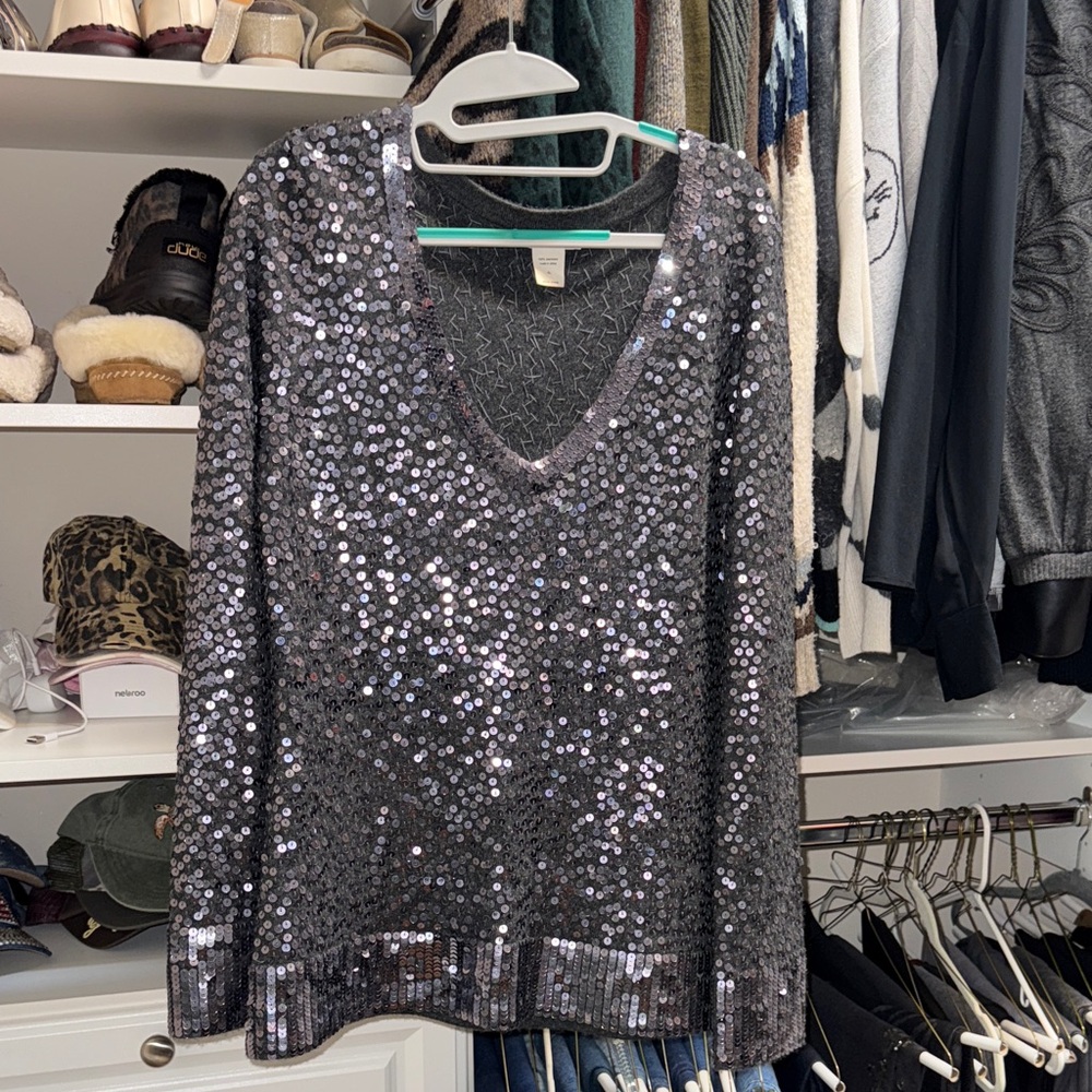 Vintage Minnie Rose 100%Cashmere Silver Sequin V-Neck Sweater